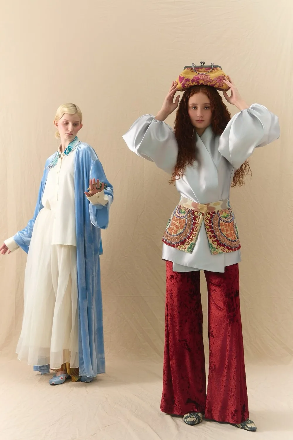 Editorial look combining Silk Road craft with contemporary tailoring