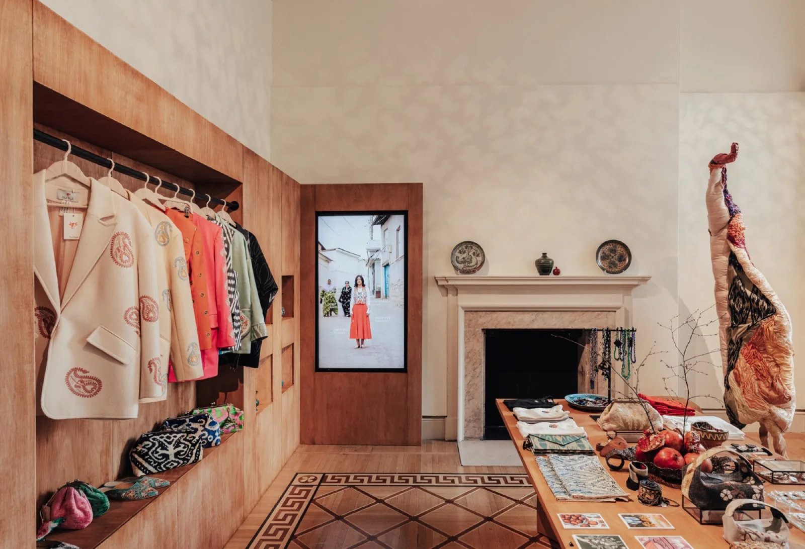 Silk Road Pop-Up in London — a panelled room with fireplace and Central Asian design